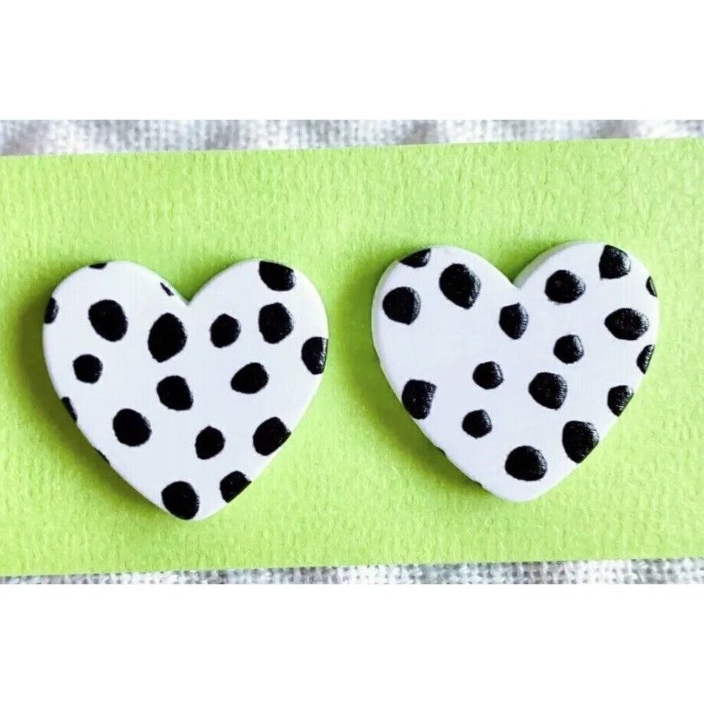 New Black & White Dalmatian Dot Heart Retro 80s Style Stud Earrings - 0.75”